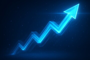 Glowing blue arrow zigzagging upward on dark background symbolizing business growth, success and performance improvement concept in digital style. Ai generative