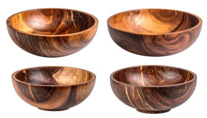 Four close-up wooden bowls with unique grain patterns, isolated on a black background