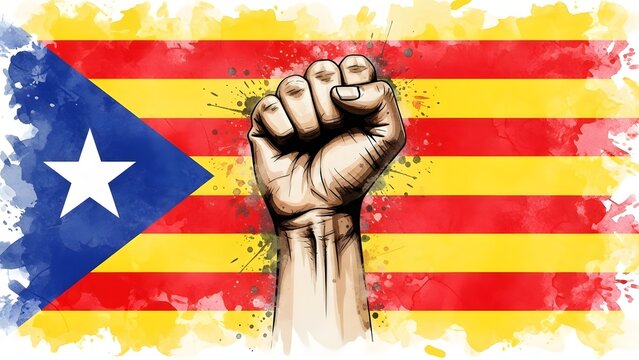 Catalan independence movement and political protest. Freedom and sovereignty activism. Raised fist symbol of resistance over the Estelada flag background with watercolor textures