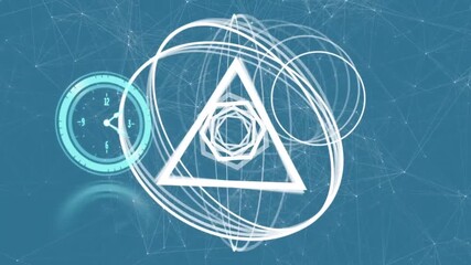 Animation of moving clock and white shapes over network of connections on blue background - Powered by Adobe