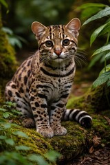 margay wild cat sitting on mossy forest floor in rainforest unique animal