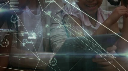 Animation of network of connections over diverse schoolchildren and teacher using tablet - Powered by Adobe