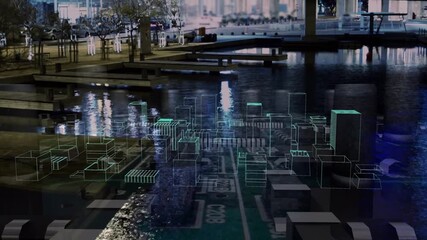 Animation of digital city model over cityscape - Powered by Adobe