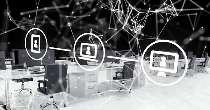 Animation of connections and technology icons over office on black background