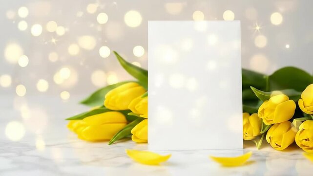 Blank white card mock up with yellow tulips on white background. Video for Valentine's Day or love message concept for a greeting slide show or romantic movie, wedding invitation and Women's Day.