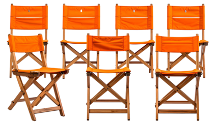 Six outdoor chairs, orange canvas seats, wooden frames, set against a transparent background
