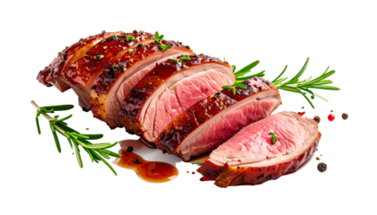 Sliced, glazed roast meat with visible pink center, rosemary garnish, on a black background