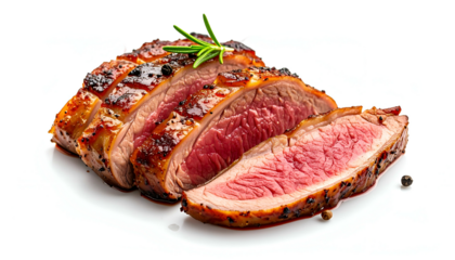 Juicy, sliced roasted meat with a rosemary garnish, showing a pink, medium-rare center