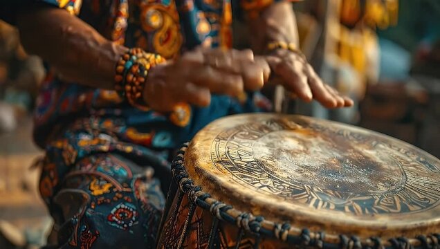 Rhythmic Vibrations: Close-Up of Hands Playing an Ornate African Djembe Drum
