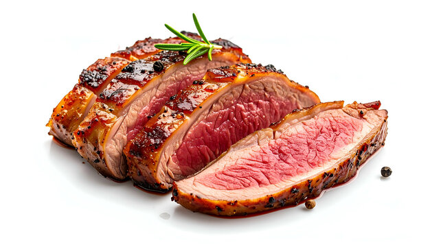 Juicy, sliced roasted meat with a rosemary garnish, showing a pink, medium-rare center