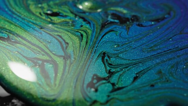 Iridescent liquid swirls in mesmerizing patterns on a dark reflective surface, creating a dynamic and vibrant abstract display