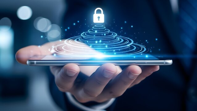 Secure Mobile Technology Concept With Holographic Lock And Digital Security Shield 1 - Powered by Adobe