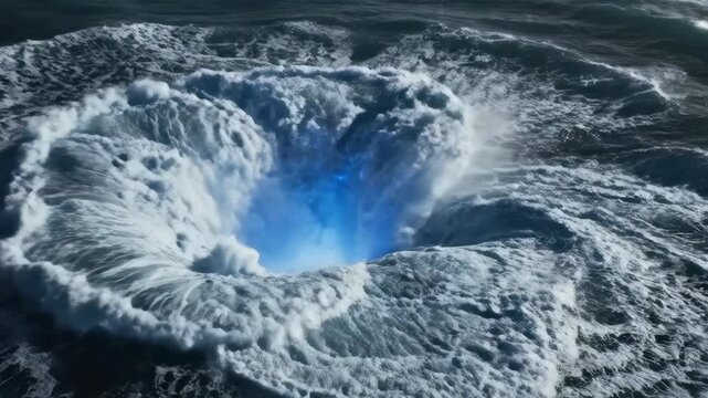 Giant octopus emerging from turbulent ocean waves. Sea monster tentacles flailing with blue glow. Fantasy creature rising from depths in dramatic sequence.