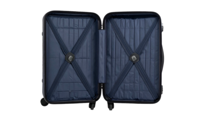 Open, empty suitcase interior; quilted lining, cross straps, black frame, wheels
