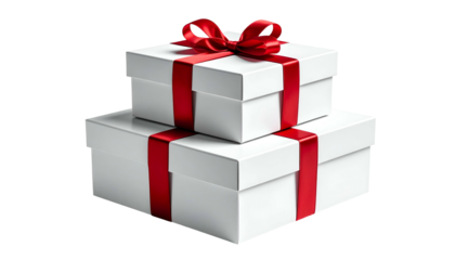 Two stacked white gift boxes with red ribbon and bow, presented against a black background