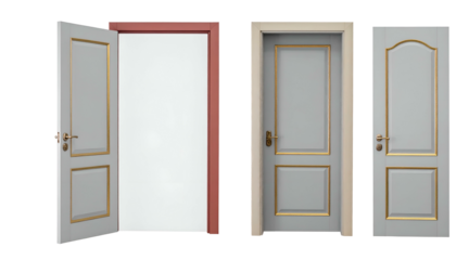 Three gray doors with gold trim, one open revealing a blank white space