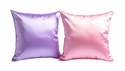 Two square satin pillows, one purple and one pink, with highlights, on a black background