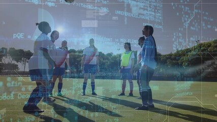 Animation of data processing over diverse female soccer players - Powered by Adobe