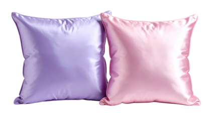 Two square satin pillows, one lavender and one pink, rest against each other on black