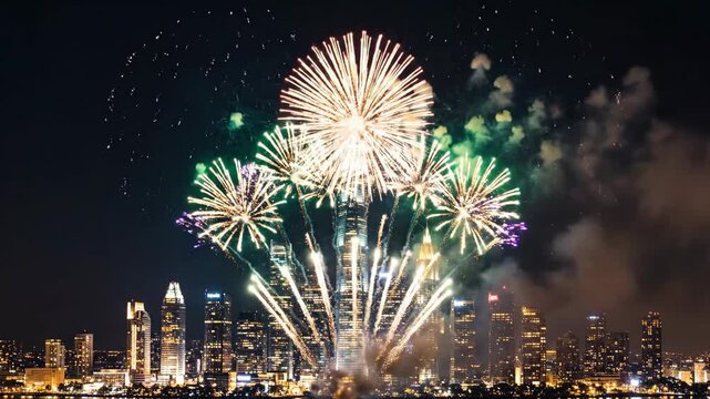 Spectacular Fireworks Display Over Modern City Skyline at Night.