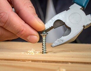 Hand guides pliers gripping a screw in a wooden plank. Shavings scattered around the partially-screwed metal object