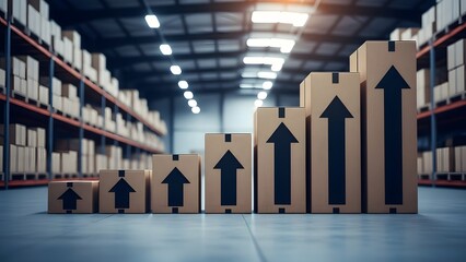 E-commerce growth and warehouse logistics. Supply chain efficiency and shipping scale. Stacks of cardboard boxes with upward arrows forming a bar chart in a large distribution center