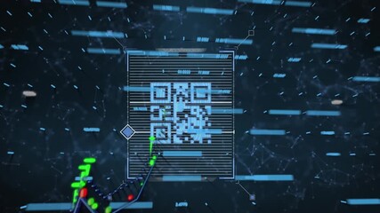 Financial data processing over qr code scanner against network of connections on blue background - Powered by Adobe