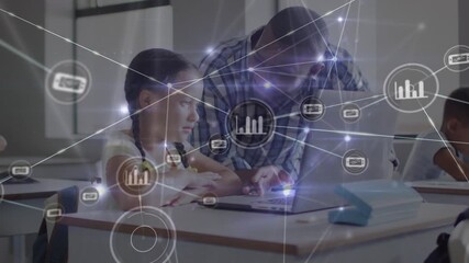 Animation of network of connections over african american male teacher and girl with laptop - Powered by Adobe