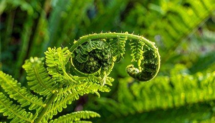 Curled fern frond unfurls in bright sunlight, green against darker foliage