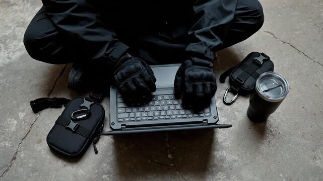 Tactical Field Agent Typing on Laptop, Military Cyber Warfare Intel
