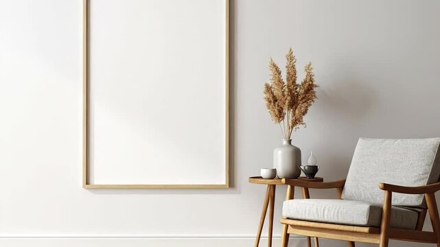 An interior scene with a blank framed art, side table, chair, vase of pampas grass