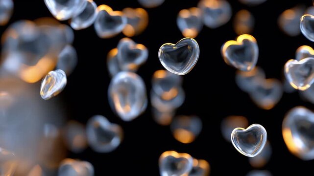 Transparent heart shaped bubbles floating gently against dark background with glowing soft light creating romantic delicate dreamy atmosphere filled with warm light reflections