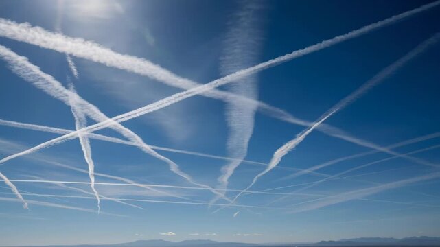 Contrails across a blue sky showing changing formation over time with sun and distant hills, conspiracy theory concept