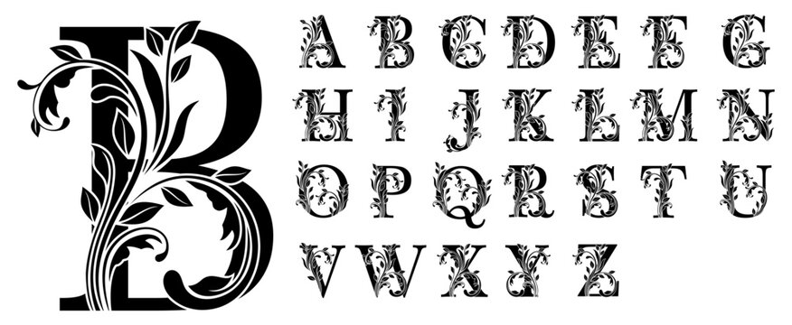 Floral Alphabet Monogram Letters, Font Flourish Vector design set