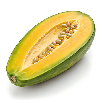 Half Papaya Fruit Cut Open Showing Seeds Inside, Fresh Tropical Produce Isolated on White Background
