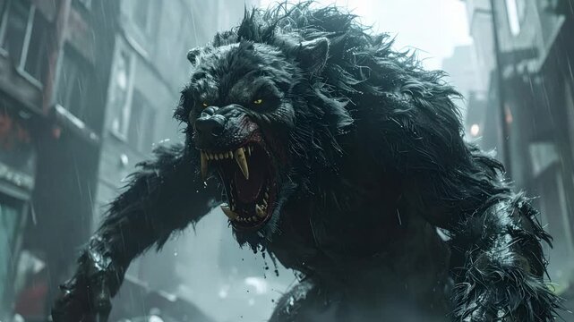 Fierce Werewolf Monster Roaring in Rainy City Street