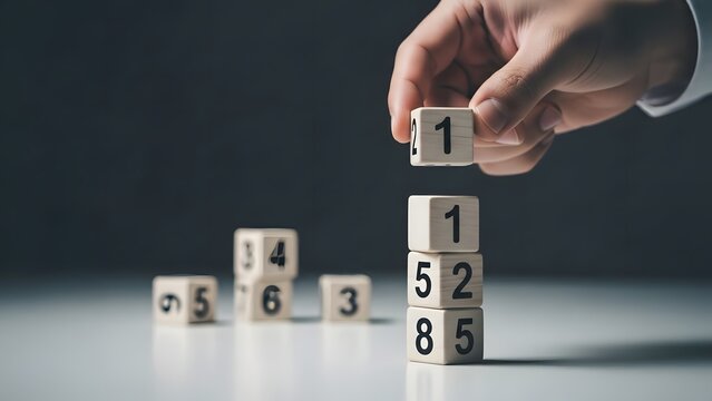 Wooden number blocks stacked on a desk with a blurred background. Data analysis and mathematical logic. Hand placing a wooden cube with numbers to complete a vertical stack