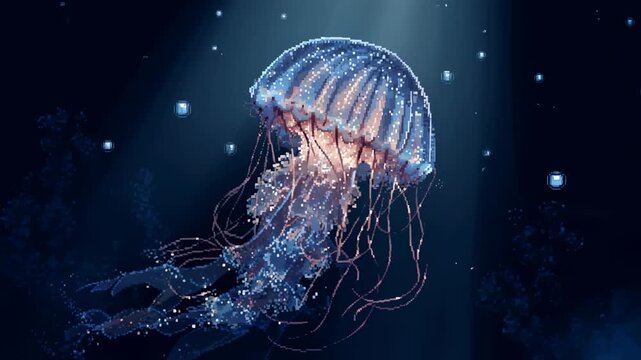 Pixel jellyfish glowing gently while floating in deep dark sea with bubbles and light rays in calm silence
