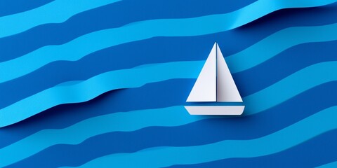 Minimalist white paper sailboat sailing on stylized blue wavy ocean background, symbolizing simplicity, elegance, and nautical themes.