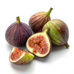 Fresh Ripe Figs and a Sliced Fig Showing Texture, Healthy Fruit on White Background, Studio Shot