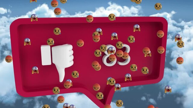 Animation of emoticons floating over dislike social media reaction and clouds