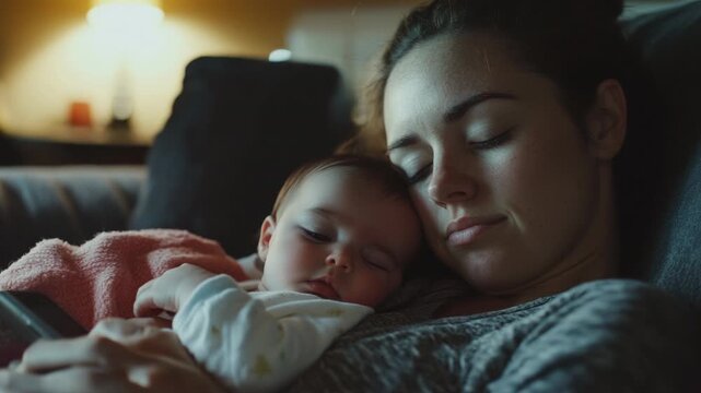 Mother and baby peacefully sleeping together on sofa in warm light showing love care comfort and connection
