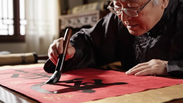 Elderly Asian man practicing traditional Chinese calligraphy with a brush.