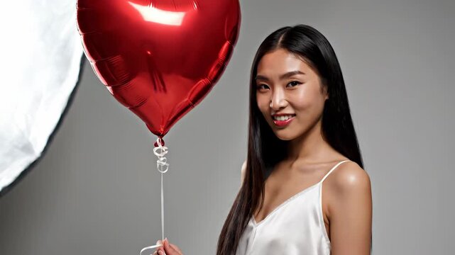 Young Asian Woman Holding Red Heart Balloon Smiling Studio Portrait.