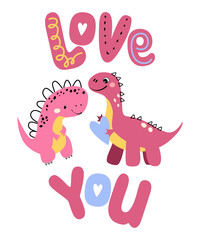 Vector cute pink dinosaur cartoon character flat vector illustration isolated on white background. Girly dino cute character for kids. Hapy Valentine's Day card © olgahalizeva