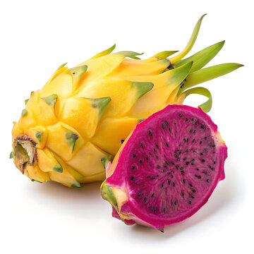 Vibrant Yellow Dragon Fruit (Pitaya) with Juicy Pink Flesh Half, Exotic Tropical Fruit Isolated on White Background, Healthy Food.