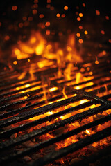 Close-up of a hot barbecue grill with flames and bokeh lights, creating a warm atmosphere