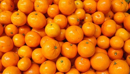 Pile of fresh oranges closely packed together, bright orange color with smooth dimpled skins, some with green stems.