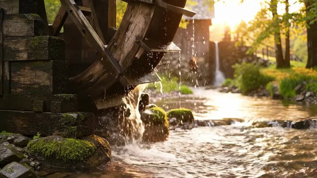 Old Wooden Water Wheel Turning in a Stream at Sunset.