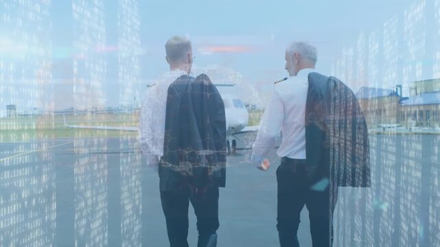 Animation of screens of mosaic squares over rear view of caucasian two pilots walking at an airport